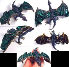 four different images of dragon figurines being held by someone's hand in front of them