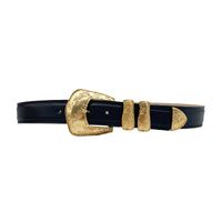 Streets Ahead Violet Belt. Home Violet Belt - Black Italian Leather Belt With Detailed Vintage Gold Buckle | Streets Ahead Add a vintage touch to your look with this western-inspired belt featured in black Italian leather, an eye-catching gold buckle, engraved details, and a metal tip. Details: Strap Width 1.5" Buckle Height 2.75" Length 3" Feather Edge Genuine Italian Leather Can be worn as a hip or waist belt. Sizing will differ based on where the belt is worn, please refer to the size guide t Luxury Leather Belt Buckles With Gold-tone Logo, Black Gold Belt, Black Belt With Antique Buckle For Rodeo, Western Gold Leather Belt, Western Gold Belt With Antique Buckle, Gold Western Belt Buckles For Formal Wear, Gold Western Belt Buckles For Formal Occasion, Western Style Antique Belt Buckle For Formal Wear, Western Style Antique Belt Buckle For Formal Occasion