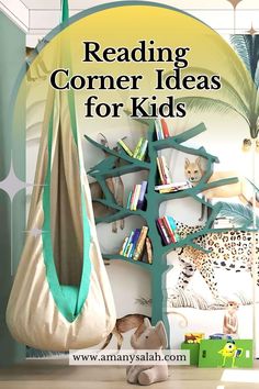 a child's room with bookshelves and stuffed animals on the wall, reading corner ideas for kids