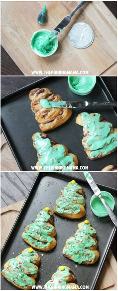 green icing is being spread on top of some cookies in the shape of christmas trees