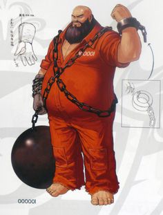 a drawing of a man with chains around his neck and hands in the air, holding a bowling ball