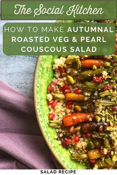 a plate filled with roasted veggies and pearl couscous salad next to a purple napkin