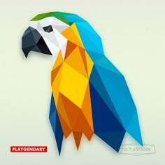 a colorful bird made out of polygonal shapes on a white background with the word playgenary below it