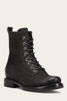 No closet is complete without The Veronica Combat Boot. Remaining true to Frye's classic Veronica styling, this combat boot adds edge to any look for year-round, seasonless style. European Black Boots, Fitted Leather Lace-up Combat Boots, Elegant Black Lace-up Combat Boots, Western Style Leather Lace-up Combat Boots, Urban Black Lace-up Combat Boots, Black Lace-up Combat Boots With Rivets, Frye Veronica, Edgy Fashion Chic, The Frye Company