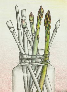 a jar filled with lots of different types of toothbrushes and sticks in it