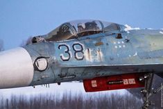 an old fighter jet flying through the air with snow on it's ground and trees in the background