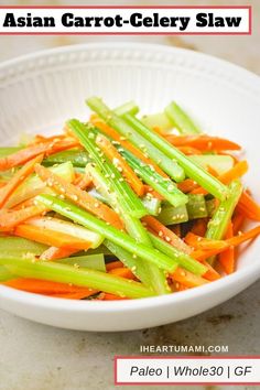 Terrific Asian Carrot-Celery Slaw is the best Asian celery and carrot salad that pairs well with everything! Paleo, Whole30, Gluten-free and crunchy delicious! #AsianSlaw #CarrotSalad #CelerySalad #CarrotSlaw #IHeartUmami Crunchy Asian Slaw, Carrots And Celery, Celery Recipes, Celery Salad, Carrot Slaw, Healthy Nutrition Plan, Medicine Tips, Asian Slaw, Nutrition Articles