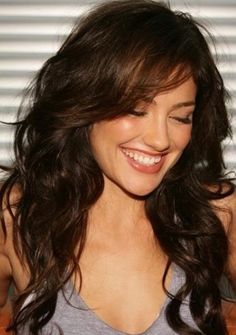 side swept bangs and lowlights for long brunette hair - Google Search Long Brunette Hair, Layered Curly Hair, Long Brunette, Wavy Haircuts, Haircuts For Wavy Hair, Hair Styles 2017, Wavy Curly Hair, Curly Hair With Bangs