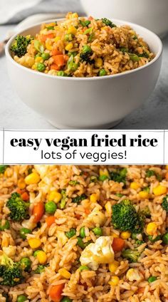 a bowl filled with rice and vegetables next to the words easy vegan fried rice lots of veggies