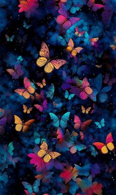 many colorful butterflies flying in the air with stars and blue sky behind them on a black background