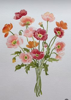 watercolor painting of pink and orange flowers in a vase on a white paper background