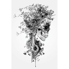 a black and white drawing of a skull with flowers on its head