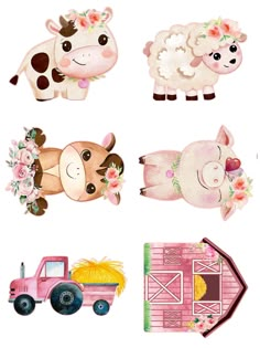 four farm animals are shown with flowers on their heads and in the background is a pink truck