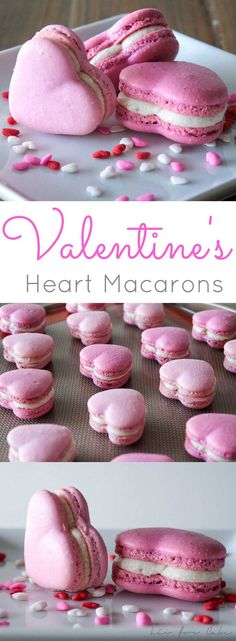 pink heart macarons are on a plate with red and white sprinkles