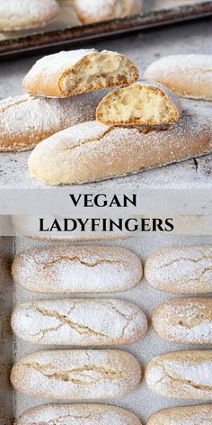 vegan ladyfingerers with powdered sugar on top and in the background, there are