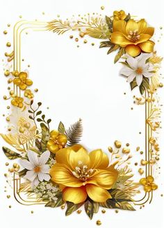 a gold and white floral frame with pearls on the bottom, surrounded by golden flowers