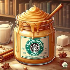 a painting of a jar of starbucks coffee with cinnamon sticks and ice cream on the table