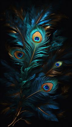 some blue and yellow feathers on a black background with the colors of the peacock's tail