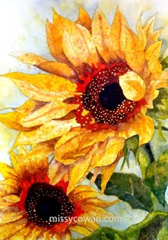 two yellow sunflowers with green leaves in the foreground and watercolor on paper