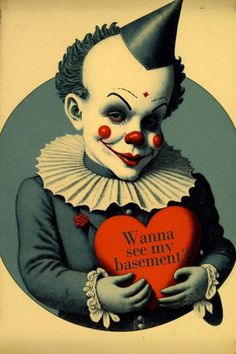 a clown holding a heart with the words wanna be my basement on it's face