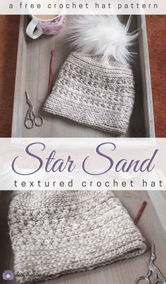 the star sand textured crochet hat is shown with scissors and yarn