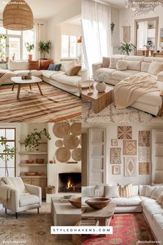 living room with white furniture and wood accents