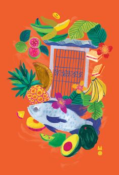 an orange background with various fruits and vegetables in the shape of a birdcage