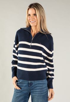 Pure Cotton Cardigan Stitch Half Zip Design Rib Knit Collar, Cuffs & Hem Tommy Hilfiger Branding Stripe Jumper, Tie Dye Scarves, Pull Oversize, Desert Sky, Capes For Women, Banana Republic Sweater, Half Zip Sweaters, Zip Up Sweater, Komplette Outfits