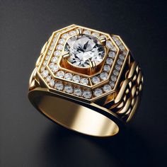 a gold ring with white diamonds on the top and bottom, sitting on a black surface