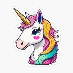 a sticker with an unicorn's face and rainbow hair