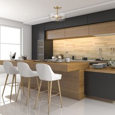 the modern kitchen is clean and ready to be used for cooking or eating, with bar stools in front of it