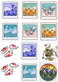 several stickers with different images of fish and flowers in the water, on top of each