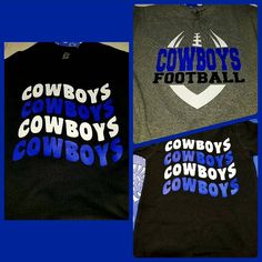 three different shirts with cowboys on them, one is black and the other is grey