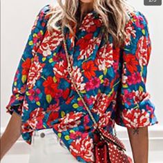 Perfect With Jeans With Anything You Can Combined Perfect For You Vacation, Trip, Dinner Anything. Summer Long Sleeve Blouse With Vibrant Print, Red Summer Blouse For Brunch, Blue Vibrant Print Vacation Blouse, Blue Top With Vibrant Print For Fall, Blue Tops With Vibrant Print For Fall, Chic Tops With Vibrant Print For Brunch, Chic Vibrant Print Tops For Brunch, Vibrant Summer Blouse For Day Out, Vibrant Tops For Spring Day Out