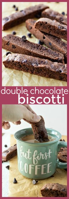 double chocolate biscotti is being dipped into a bowl and placed on a table