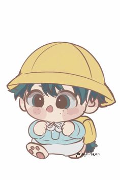 a drawing of a little boy wearing a yellow hat and sitting on the ground with his hands in his pockets