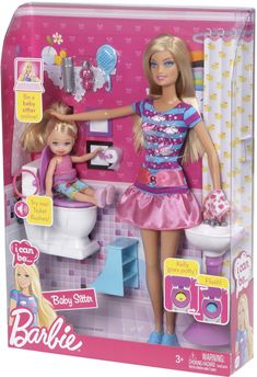 a barbie doll plays with her baby sister in the bathroom