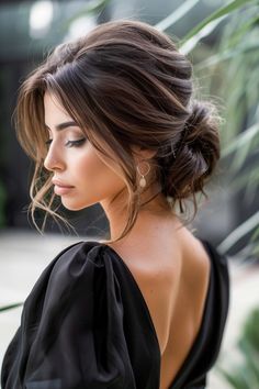 79+ Sunkissed Brunette Hair Ideas Dark Hair Hairstyles Wedding, Bridesmaid Hairstyle Brunette, Bride Hair Messy Bun, Elegant Side Bun Hairstyles, Wavy Bridal Hair Medium Shoulder Length, Low Side Bun Bridesmaid Hair, Dark Brown Bridesmaid Hair, Bridesmaid Updo Dark Hair, Low Knot Wedding Hair