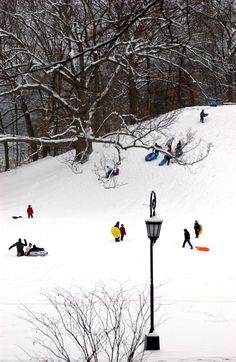 people are playing in the snow on a hill