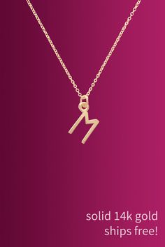 Handmade in NYC in sustainable solid 14k gold. 16-inch, 18-inch, or 20-inch solid 14k gold chain and each initial charm is approx. 6.5mm tall. Gold Thread Earrings, New York Jewelry, Sorority Jewelry, M Necklace