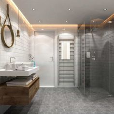 a bathroom with two sinks and a walk in shower next to a stand up shower