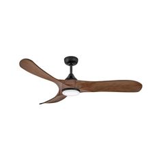 a ceiling fan with two wooden blades on the top and one light on the bottom