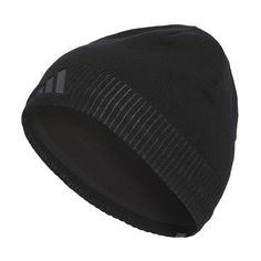 the adidas beanie is black and has a white stripe on the front side