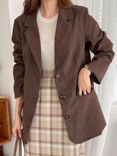 Coffee Brown Casual  Long Sleeve Cotton Plain Regular Embellished Non-Stretch Spring/Fall Women Suits Brown Blazer Women's, Blazer Casual Outfit, Blazer Outfits Casual, Women Suits, Lapel Blazer, Brown Blazer, Long Sleeve Outerwear, Brown Jacket