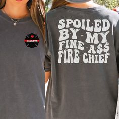 Fire Chief Wife Comfort Colors Tshirt is the perfect gift for any fire chief wife for birthday, Christmas, or Anniversary! In the personalization box, enter the name or number you would like on the front pocket. (Ex: Jackson OR 3602) This shirt fits true to size.  If you want an oversized look, order one size up.  If you want the oversized dress look, order two sizes up. This is made with a 1717 Comfort Colors, garment-dyed t-shirt. Made with 100% ring-spun cotton, soft-washed, and garment-dyed Fire Department Shirts, Firefighter Wife Shirt, Firefighter Girlfriend, Firefighter Wedding, Fire Wife, Firefighter Shirts, Female Firefighter, Girlfriend Shirts, Firefighter Wife