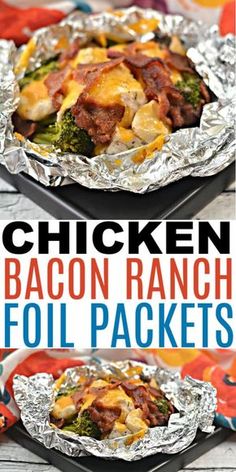 chicken bacon ranch foil packets with broccoli and cheese in the middle on top