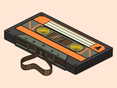 an orange and black cassette tape recorder with a brown strap hanging from it's side