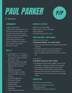 a green and black professional resume template for an it director or project manager, with blue accents