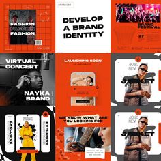 an advertisement for a fashion brand is shown in several different colors and styles, including orange