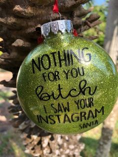 a green ornament with writing on it hanging from a pine tree in the yard